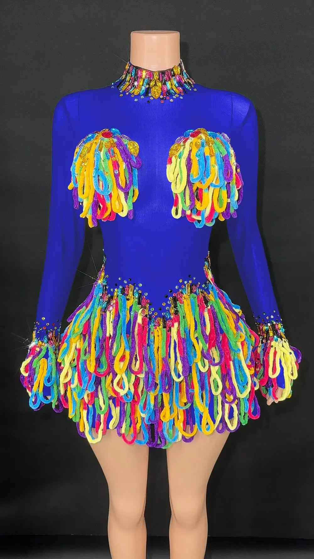 Rainbow Crystal Rhinestone Bodysuit Cascading Fringe Tassel Long-Sleeve Stage Costume