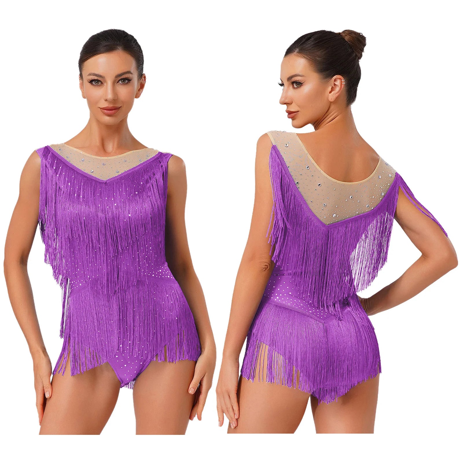 Sparkly Rhinestone & Tassel Fringe Latin Dance Leotard Crew Neck Bodysuit