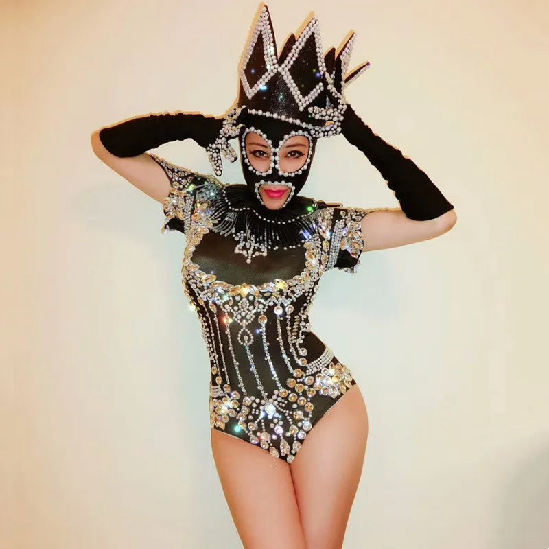 Pearl Rhinestone Bodysuit, Beaded Headpiece & Gloves 3-Piece Stage Costume Set