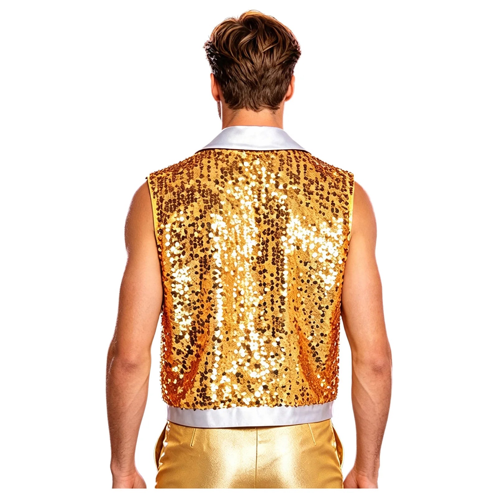 Men's Metallic Sequin Tassel Open-Front Vest Lapel Collar Sleeveless Stage Dance Waistcoat