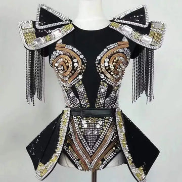 Sparkly Crystal & Rhinestone Armor Bodysuit & Dress Stage Performance Costume