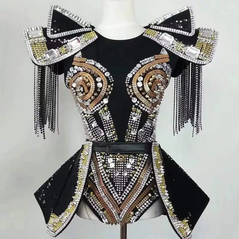 Sparkly Crystal & Rhinestone Armor Bodysuit & Dress Stage Performance Costume