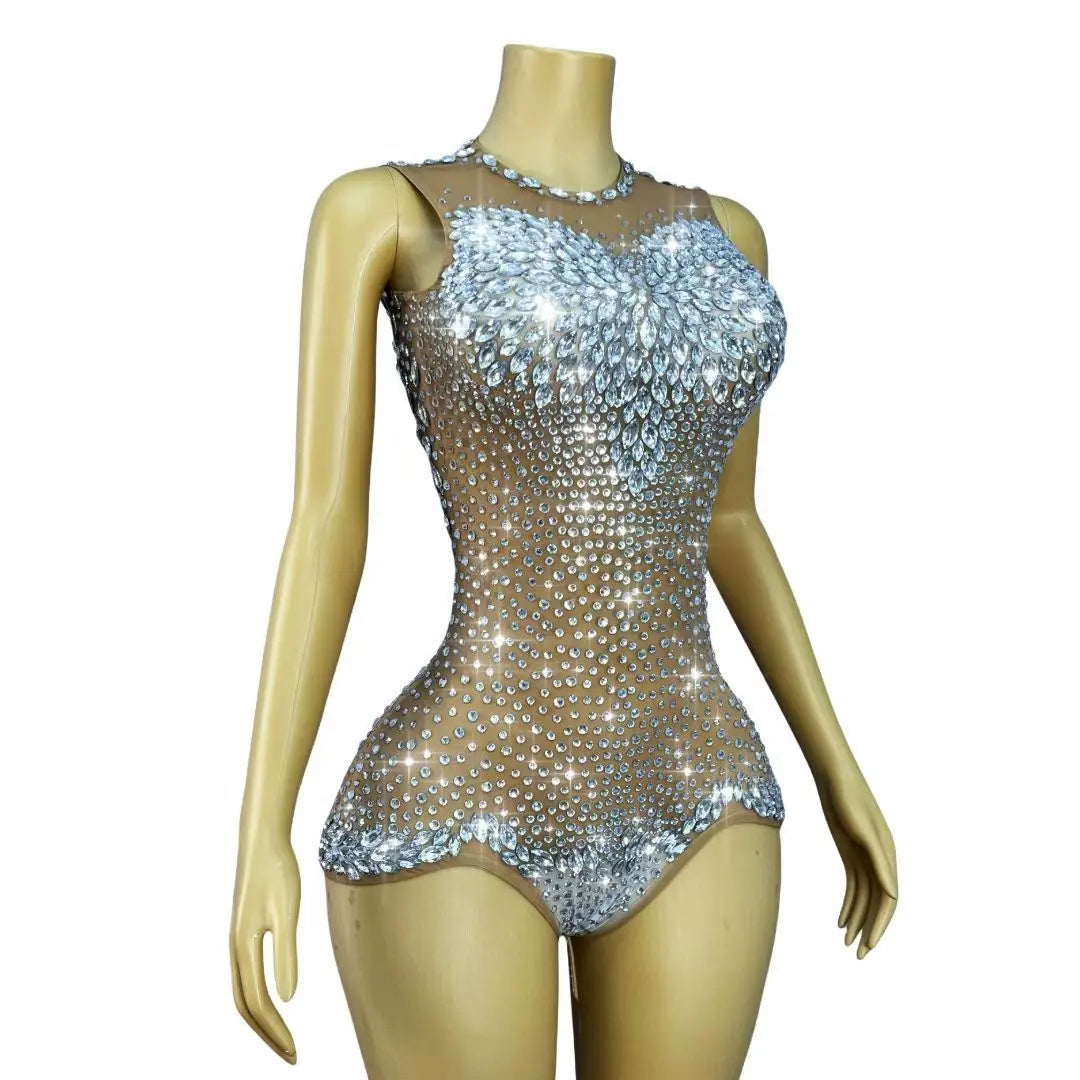 Sparkly Rhinestone Sheer Mesh Bodysuit Backless Stage Costume Leotard