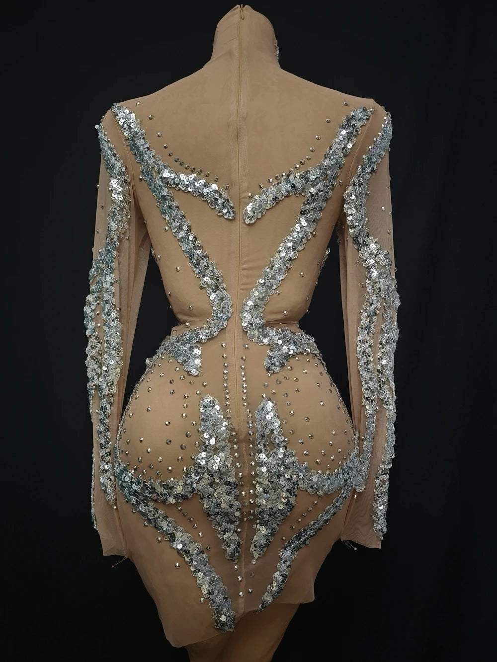 Sparkly Silver Rhinestone & Sequin Long-Sleeve Sheer Mini Dress Stage Performance Costume