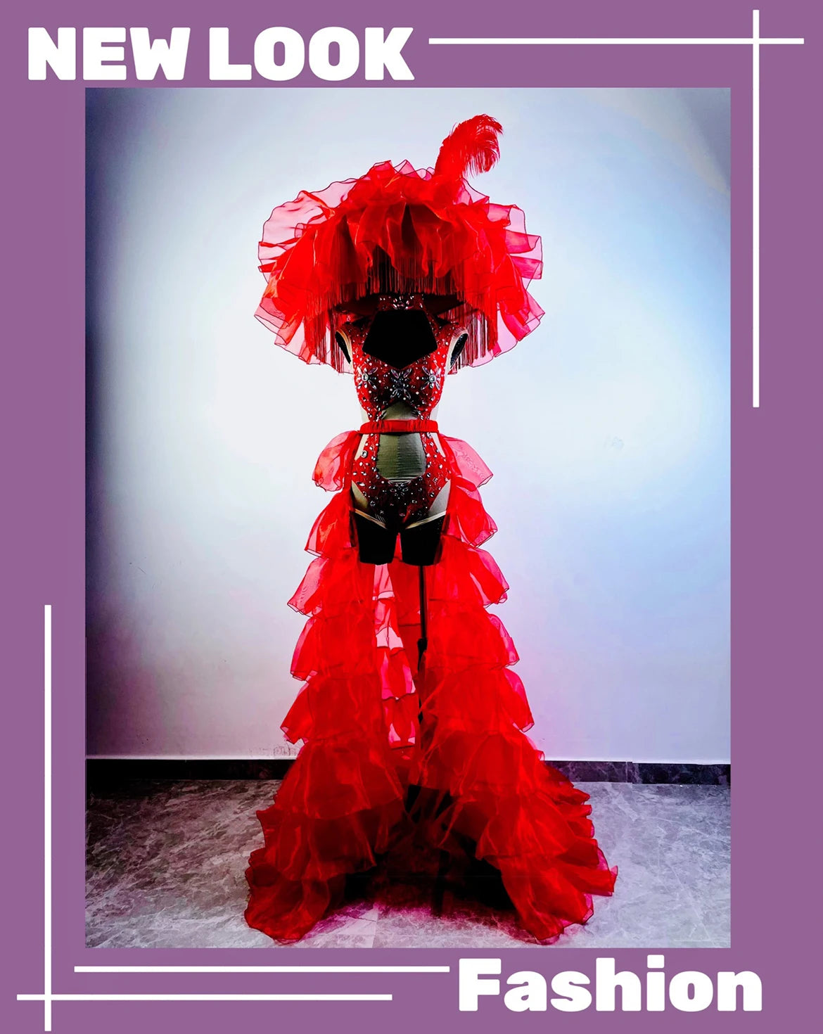 Hollow-Out Rhinestone Bodysuit & Feathered Layered Skirt Carnival Costume Set