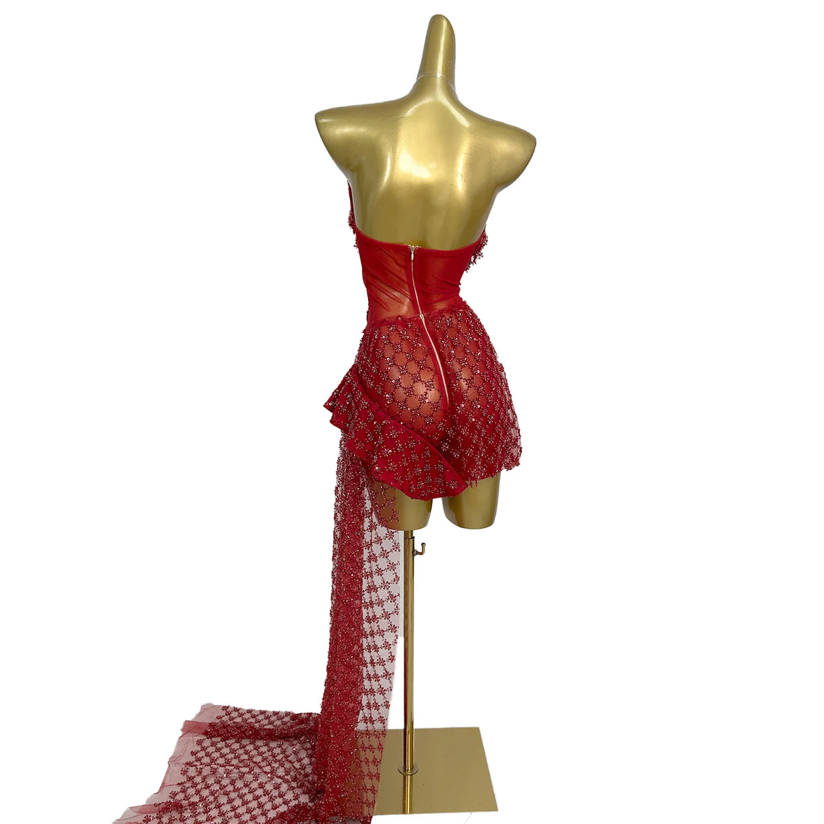Women Sweetheart Red Sheer Mesh Neck Bodysuit Crystal Bodycon Mini Dress with Asymmetric Trailing Train Singer Show Costume