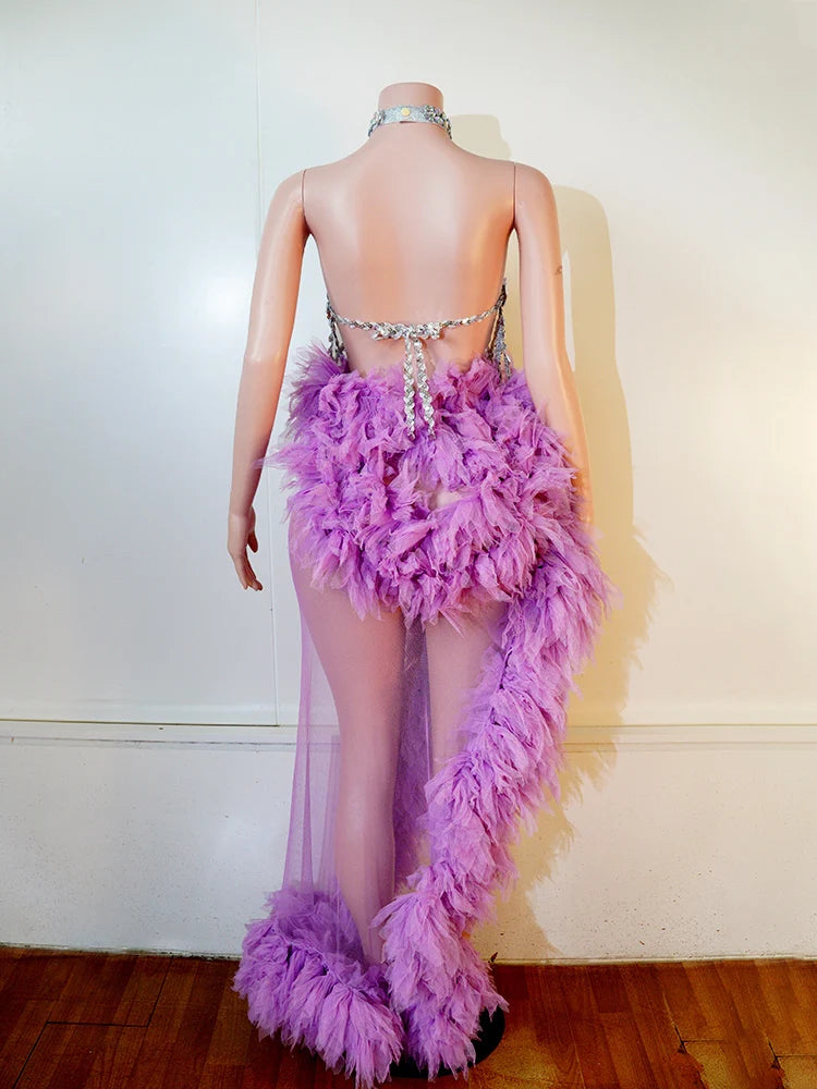 Purple Spiderweb Rhinestone Halter Bodysuit & Trailing Ruffle Tulle Skirt 2-Piece Stage Costume Set