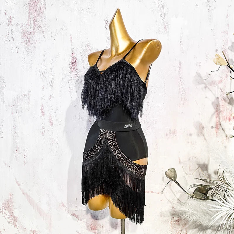 Black Fluffy Dance Leotard & Fringe Practice Skirt Latin Performance Costume Set