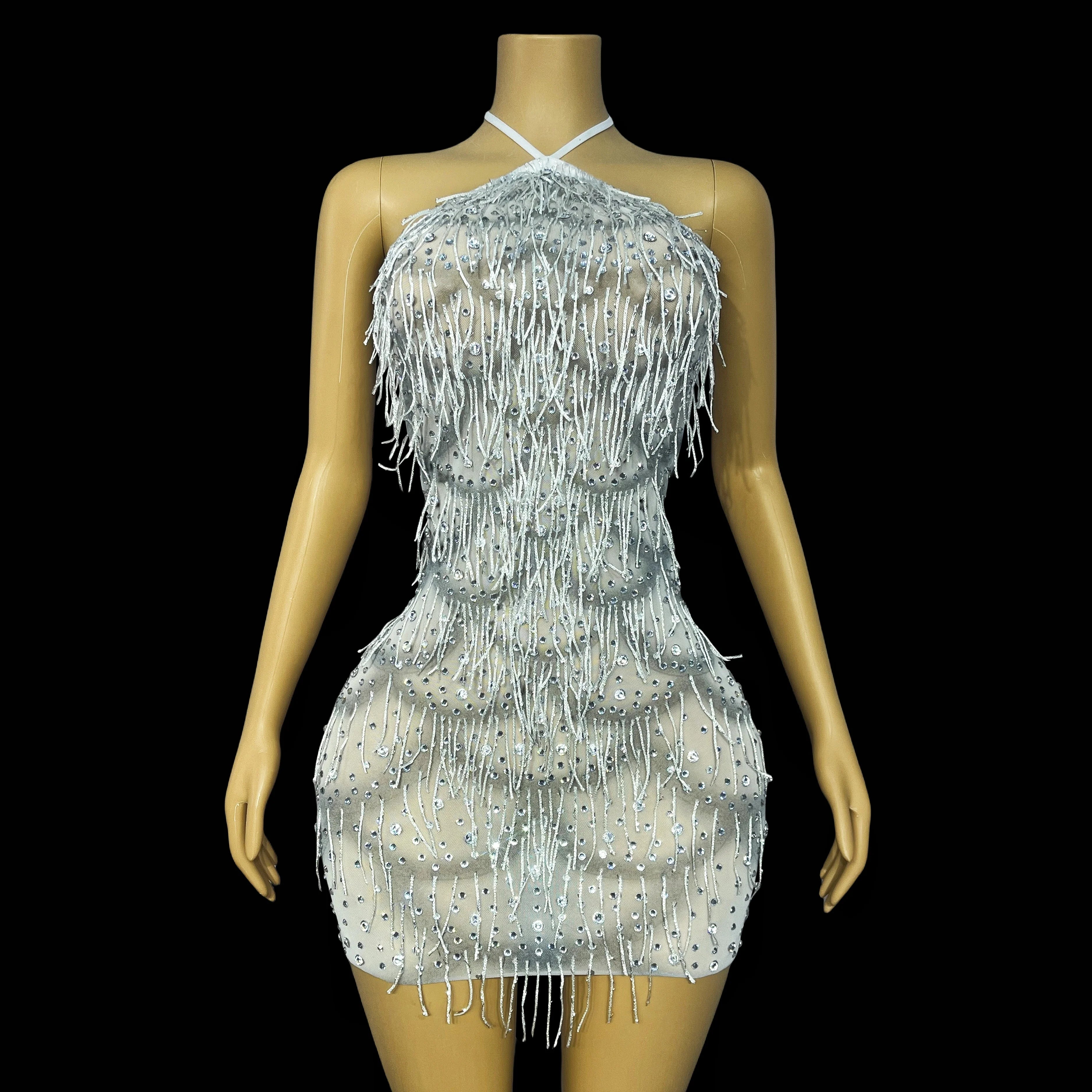 Silver Rhinestone Tassel Backless Stage Performance Mini Dress Party Gown