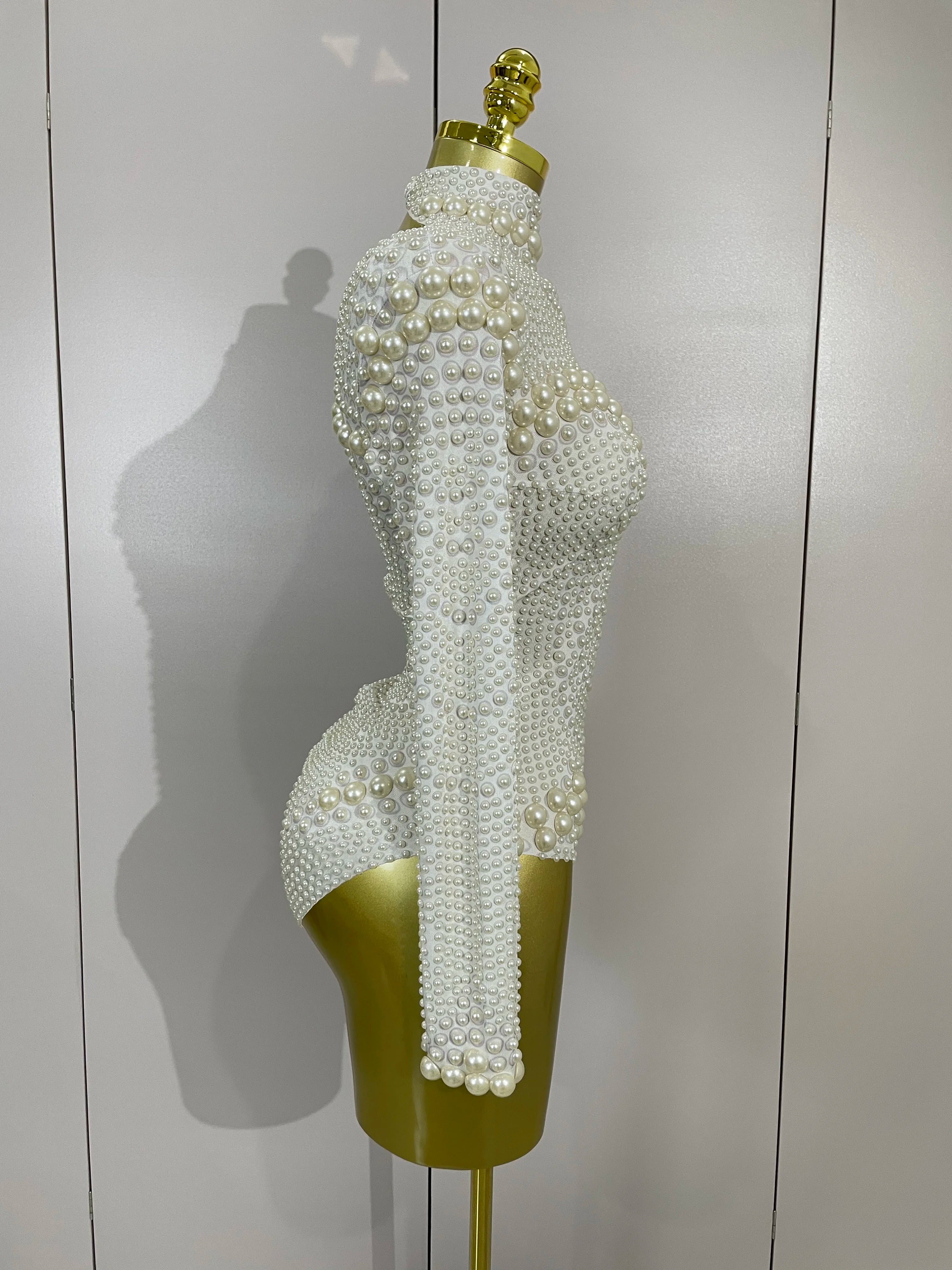 Luxury Full Pearl Long-Sleeved Stage Bodysuit Leotard Evening Performance Costume