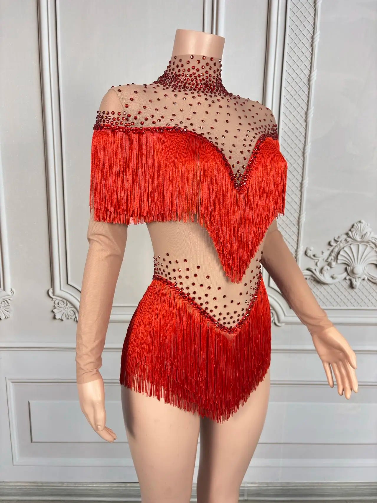 Sparkly Rhinestone Tassel Fringe Dance Performance Costume Stage Bodysuit