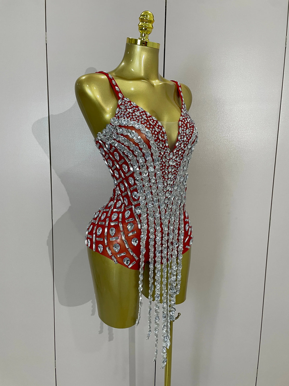 Rhinestone Long Tassel Mesh Bodysuit
