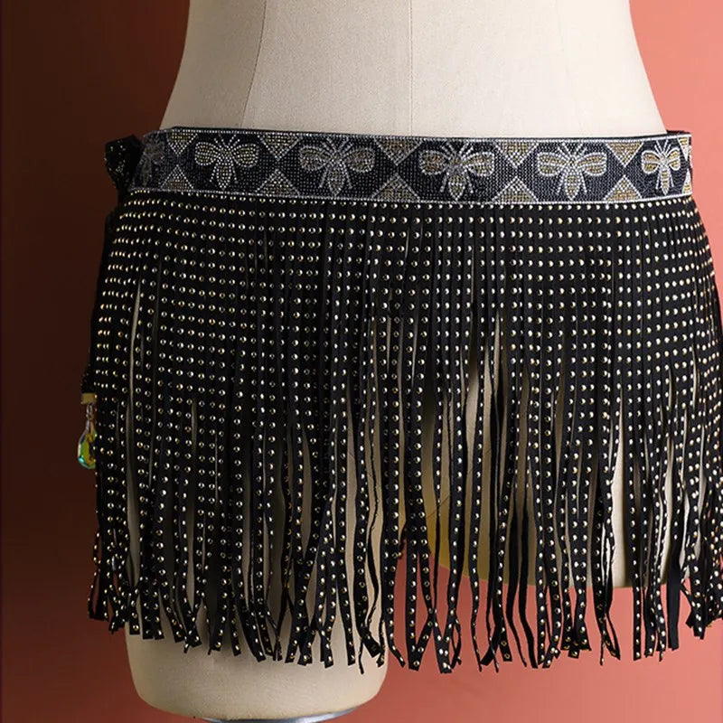 Dazzling Rhinestone Tassel Belly Dance Hip Skirt & Fringe Wrap Belt