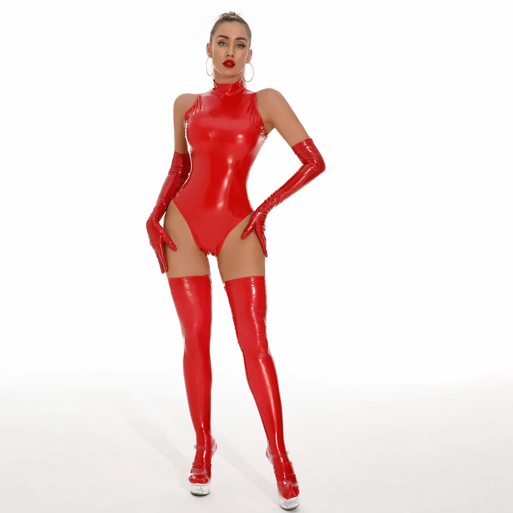 Glossy PU Faux Leather High-Cut Bodysuit, Gloves & Stockings Set