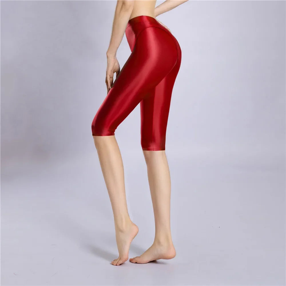 Women Shaping Short Stain Smooth Oil Glossy Shiny Elastic Shorts Sheer See Through Casual Plus Size Tight Yoga Short Maid Pant