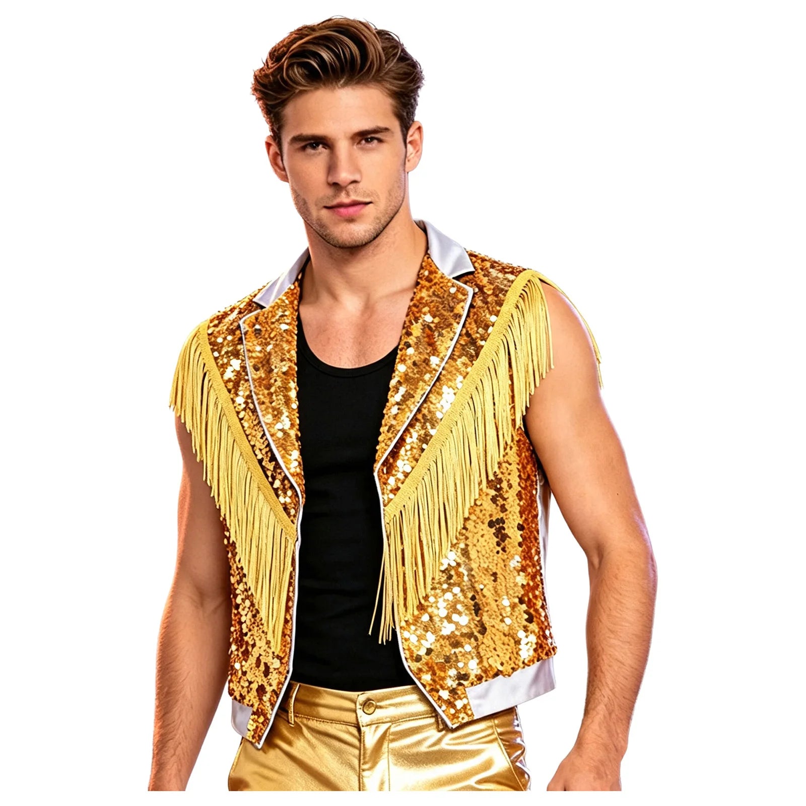 Men's Metallic Sequin Tassel Open-Front Vest Lapel Collar Sleeveless Stage Dance Waistcoat