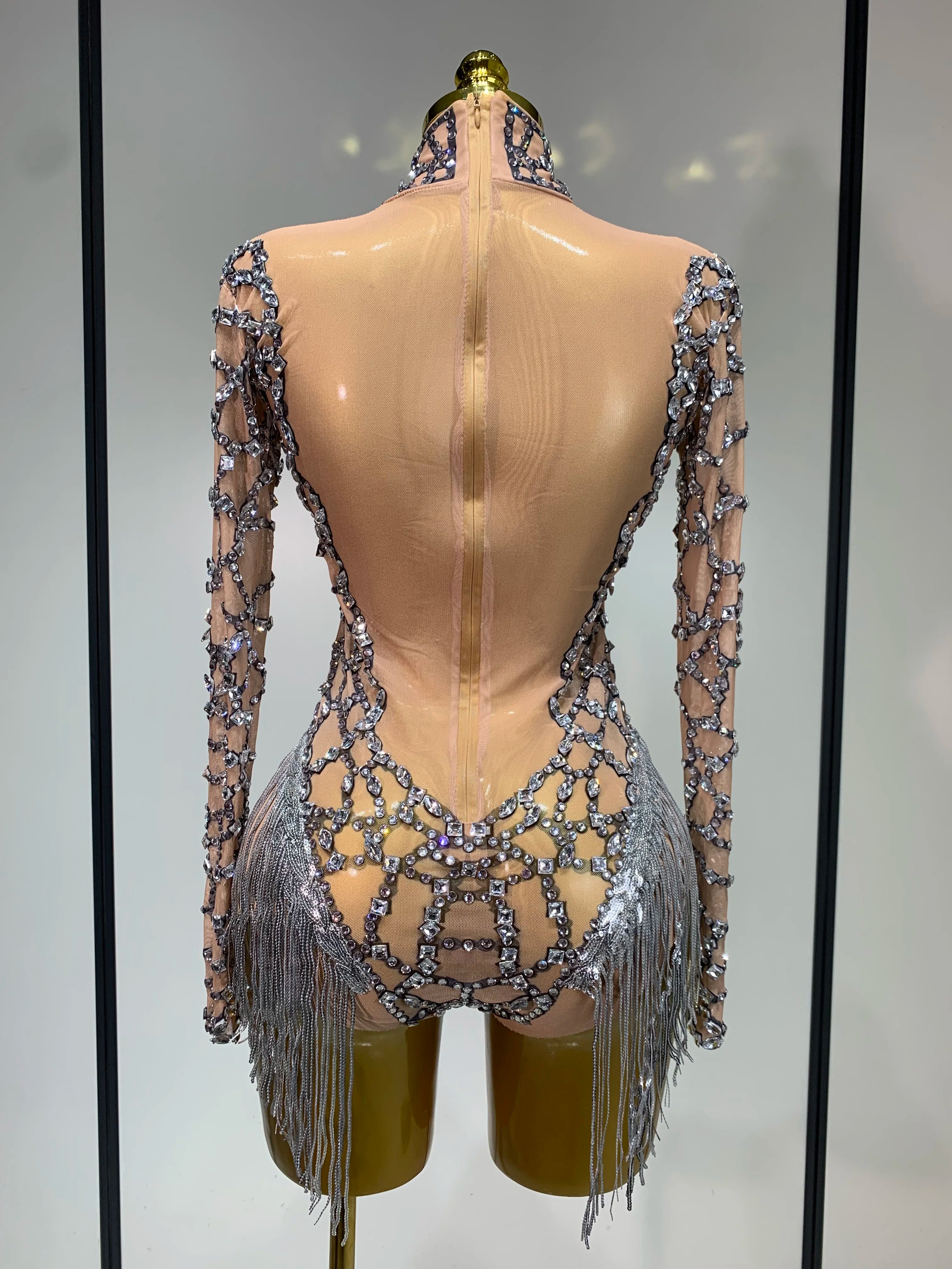 The Stardust Diamond Fringe Bodysuit – Luxury Rhinestone Mesh Stage Costume