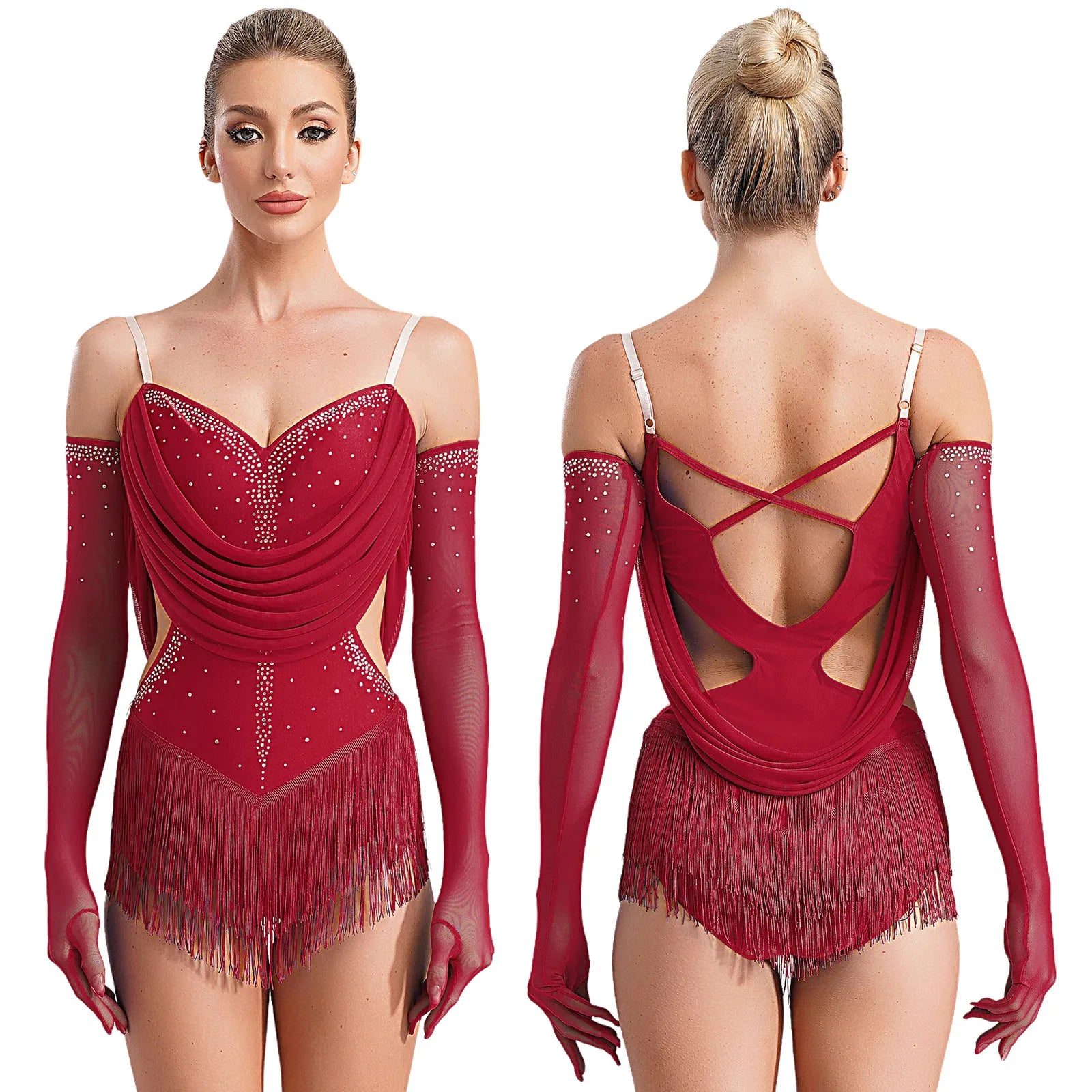 Sparkly Rhinestone & Tassel Fringe Dance Leotard with Gloves Two-Piece Stage Costume