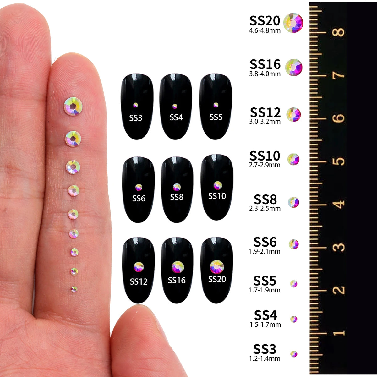 Mixed Size Glass Flatback Rhinestones, 1,440 Pieces | Shimmer Colors SS6–SS20