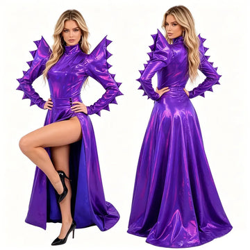 Metallic Armor Bodysuit & Trailing Bustle Skirt 2-Piece Stage Performance Costume Set