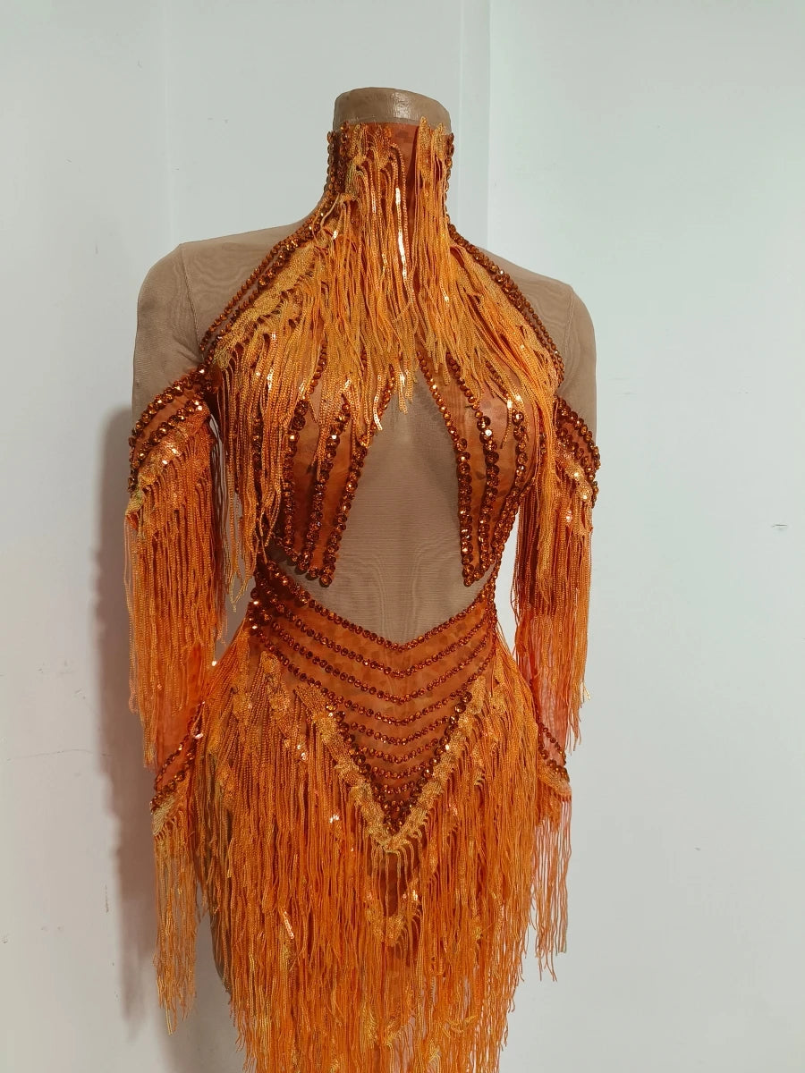 Orange Sparkly Crystal Fringe Bodysuit Off-Shoulder Stage Performance Costume Leotard