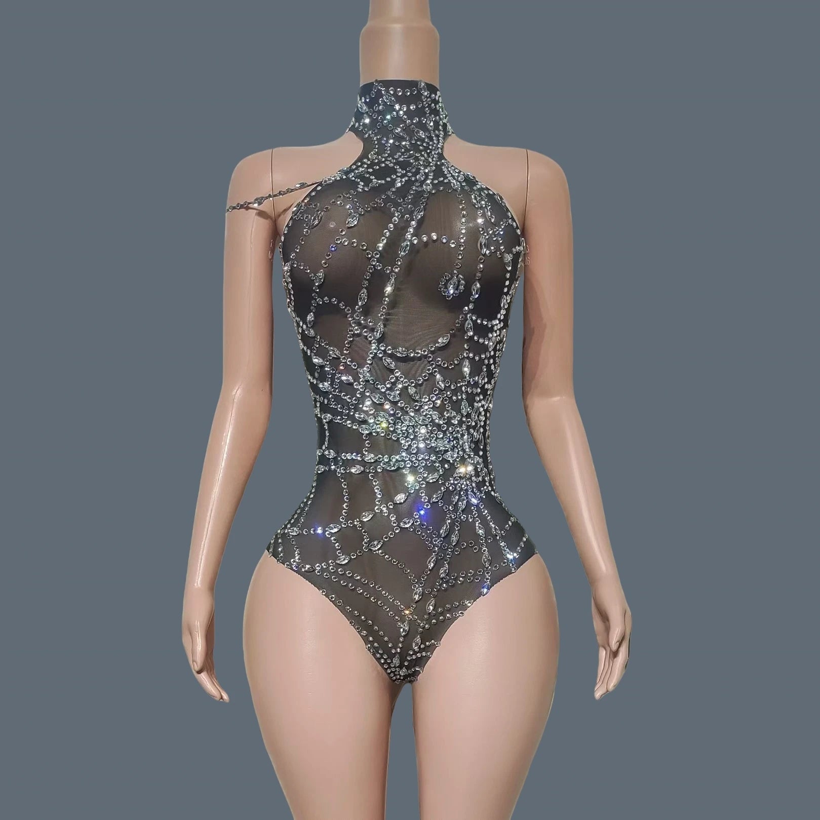 Sparkly Silver Rhinestone Spider Web Mesh Stage Performance Costume Set