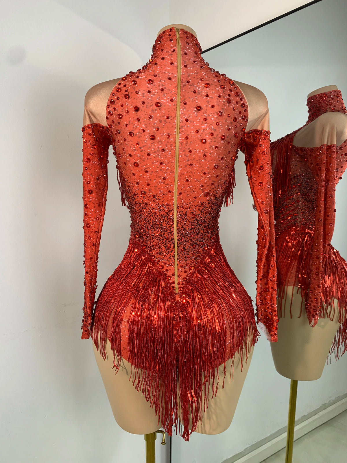 Red Rhinestones Skinny Bodysuit Women Sexy Long Sleeve Tassel Performance Singer Dance Costume Nightclub Celebrate Stage Wear