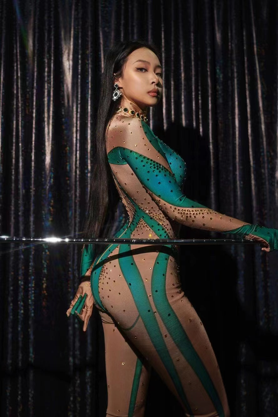 Sparkly Rhinestone Cutout Catsuit Jumpsuit with Matching Gloves Stage Dancewear