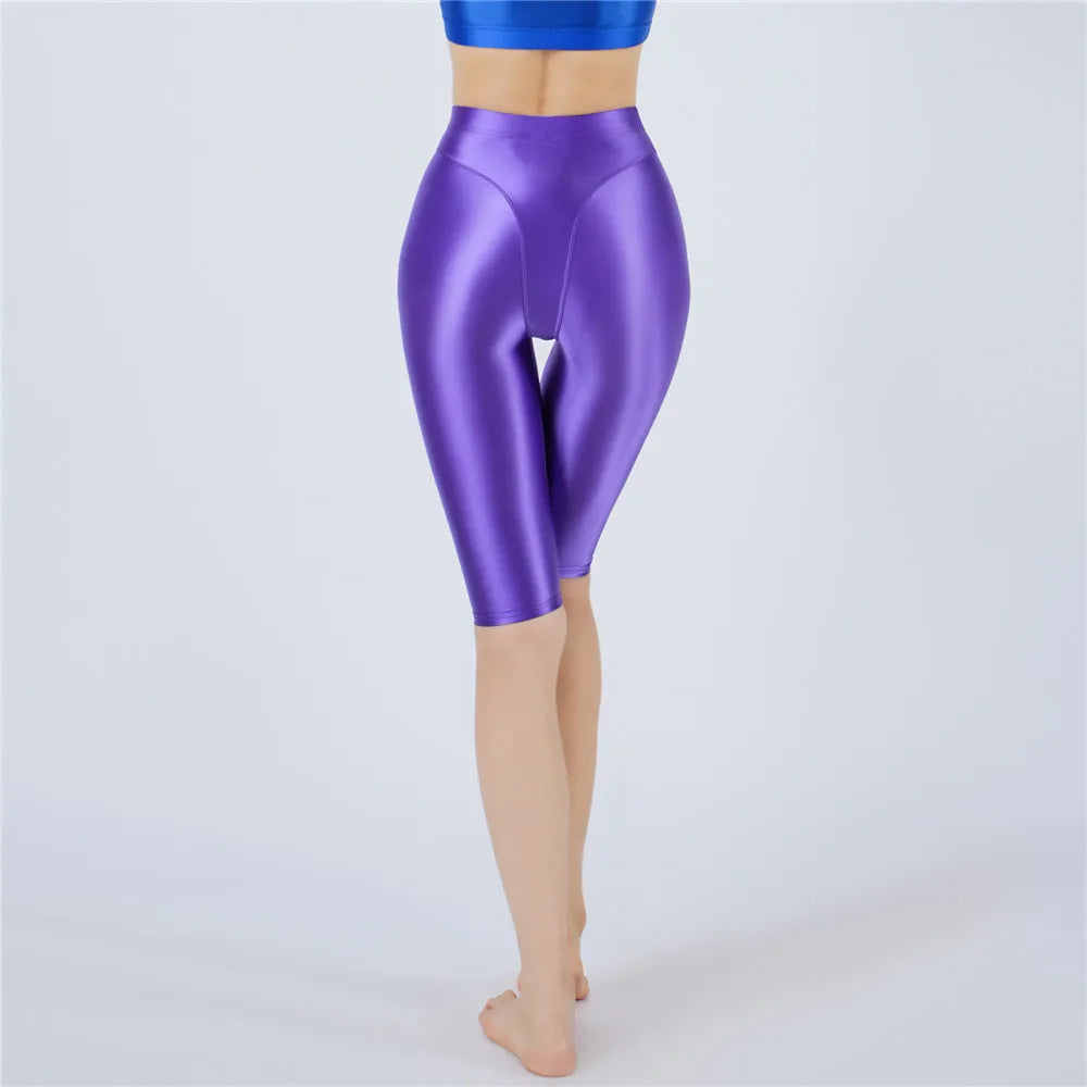 Oil Glossy High-Stretch Knee-Length Shorts Satin Shine Performance Biker Shorts