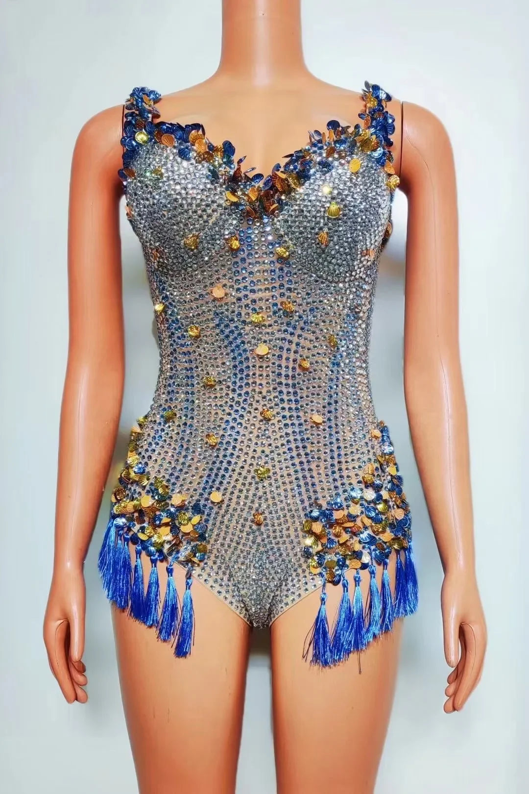 Sparkly Rhinestone & Tassel Fringe Bodysuit Stage Performance Costume