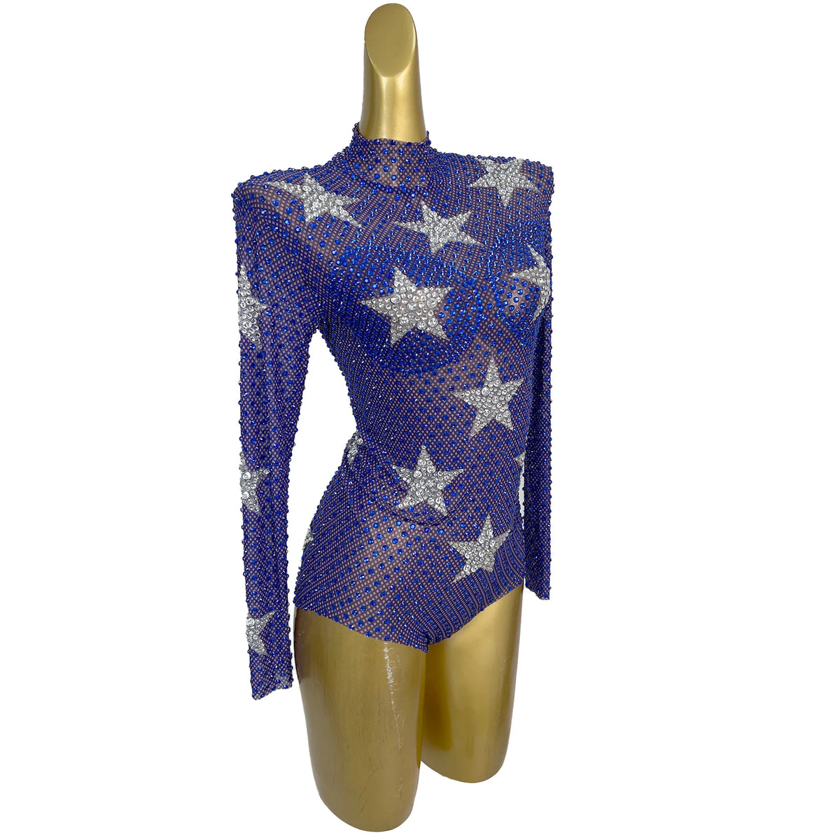 Women Blue Silver Star Pattern Rhinestone Mesh Long Sleeve Bodysuit Stage Performance Costume