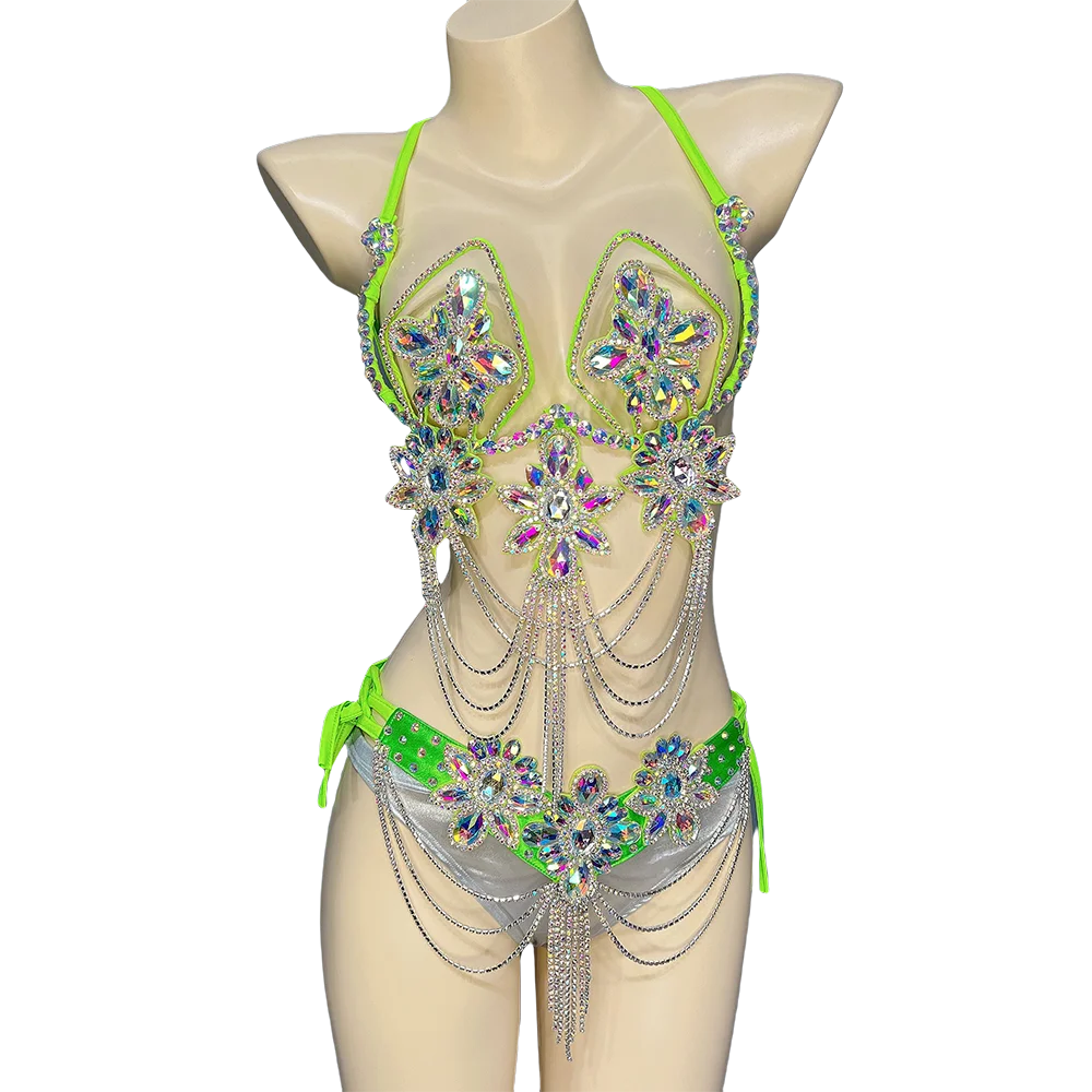 Handmade Samba Carnival Crystal Wire Bra, Panty & Belt 3-Piece Costume Set