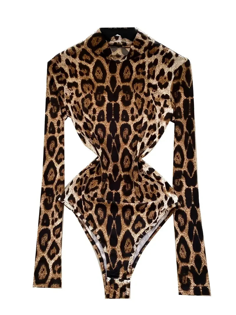 Leopard Print Long-Sleeve Stand Collar Bodysuit Sexy Cutout Stage One-Piece