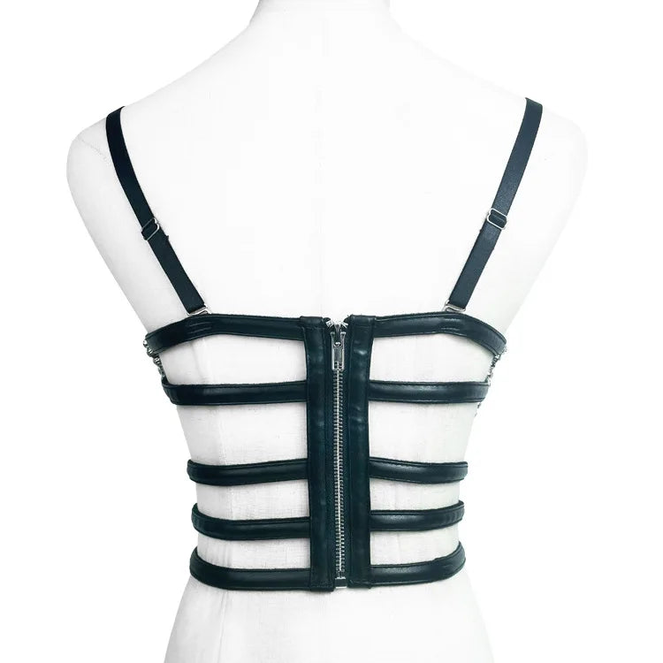 Gothic Studded Faux Leather Bustier Top Cage Strap Party Bralette