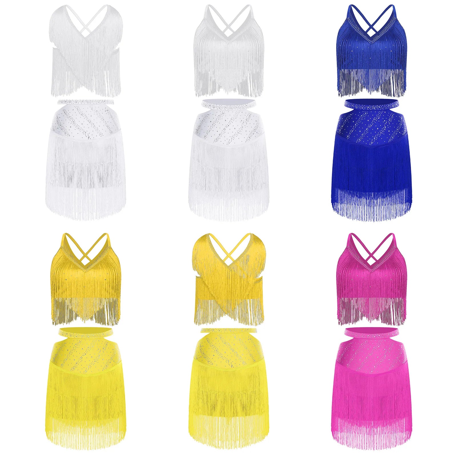 Sparkly Rhinestone & Tassel Fringe Two-Piece Latin Tango Dance Outfit Set