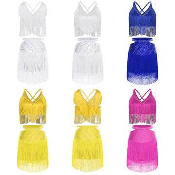 Sparkly Rhinestone & Tassel Fringe Two-Piece Latin Tango Dance Outfit Set