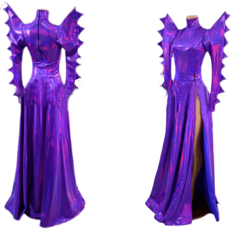 Metallic Armor Bodysuit & Trailing Bustle Skirt 2-Piece Stage Performance Costume Set