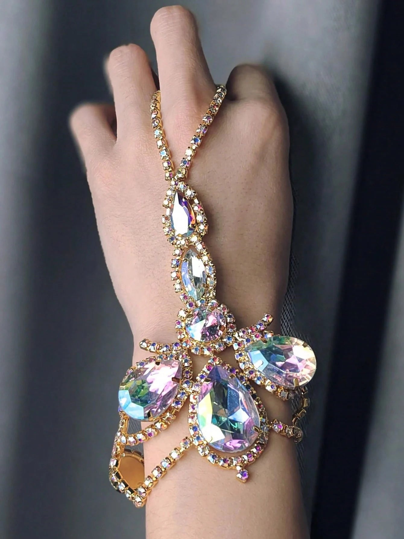 Oversized Crystal Rhinestone Hand Harness Bracelet Drag Queen Catwalk Stage Jewelry