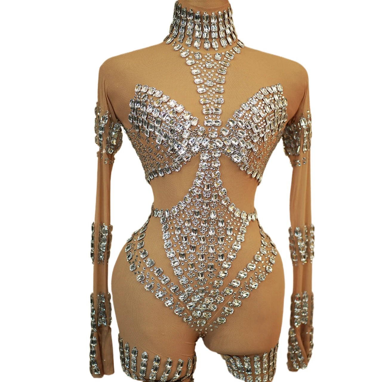 Sparkly Silver Rhinestone Sheer Mesh Jumpsuit Stage Performance Costume