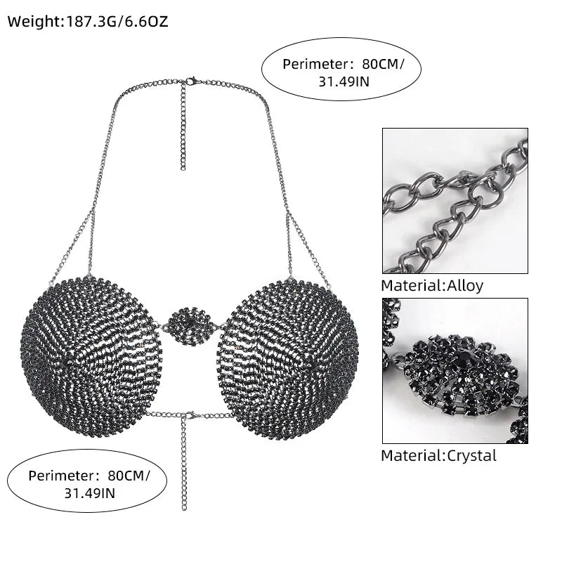 Black Rhinestone Circle Bra Body Chain