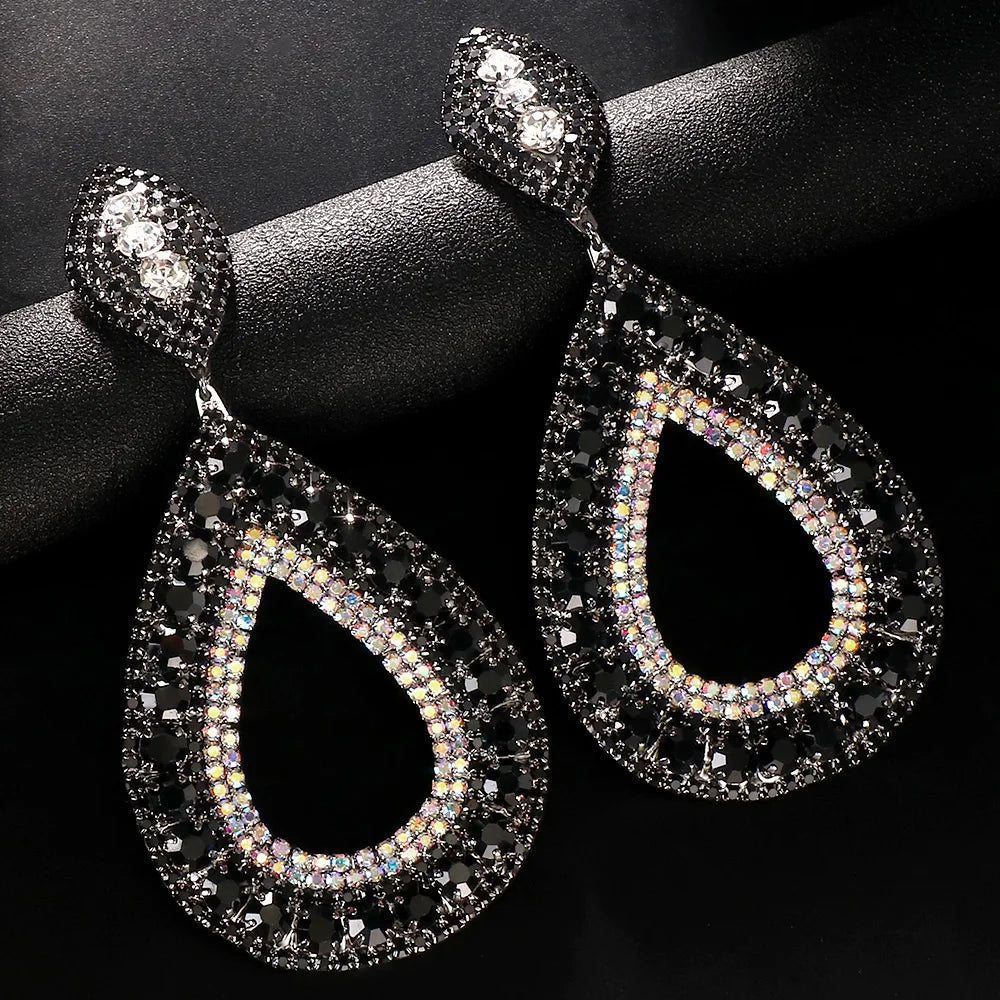 Oversized Black Crystal Hoop Earrings Drag Queen Stage Performance Drop Jewelry