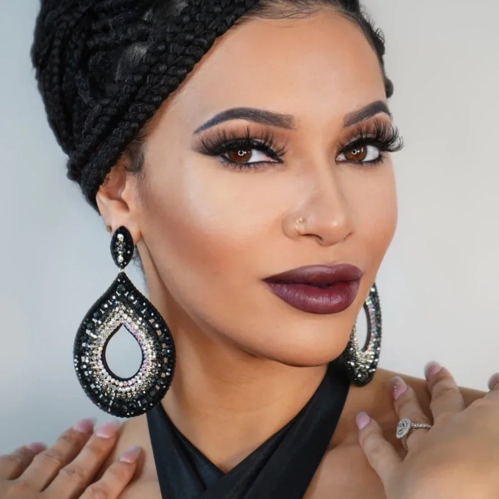 Oversized Black Crystal Hoop Earrings Drag Queen Stage Performance Drop Jewelry