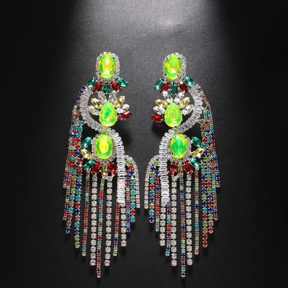 Colorful Rhinestone Tassel Statement Earrings
