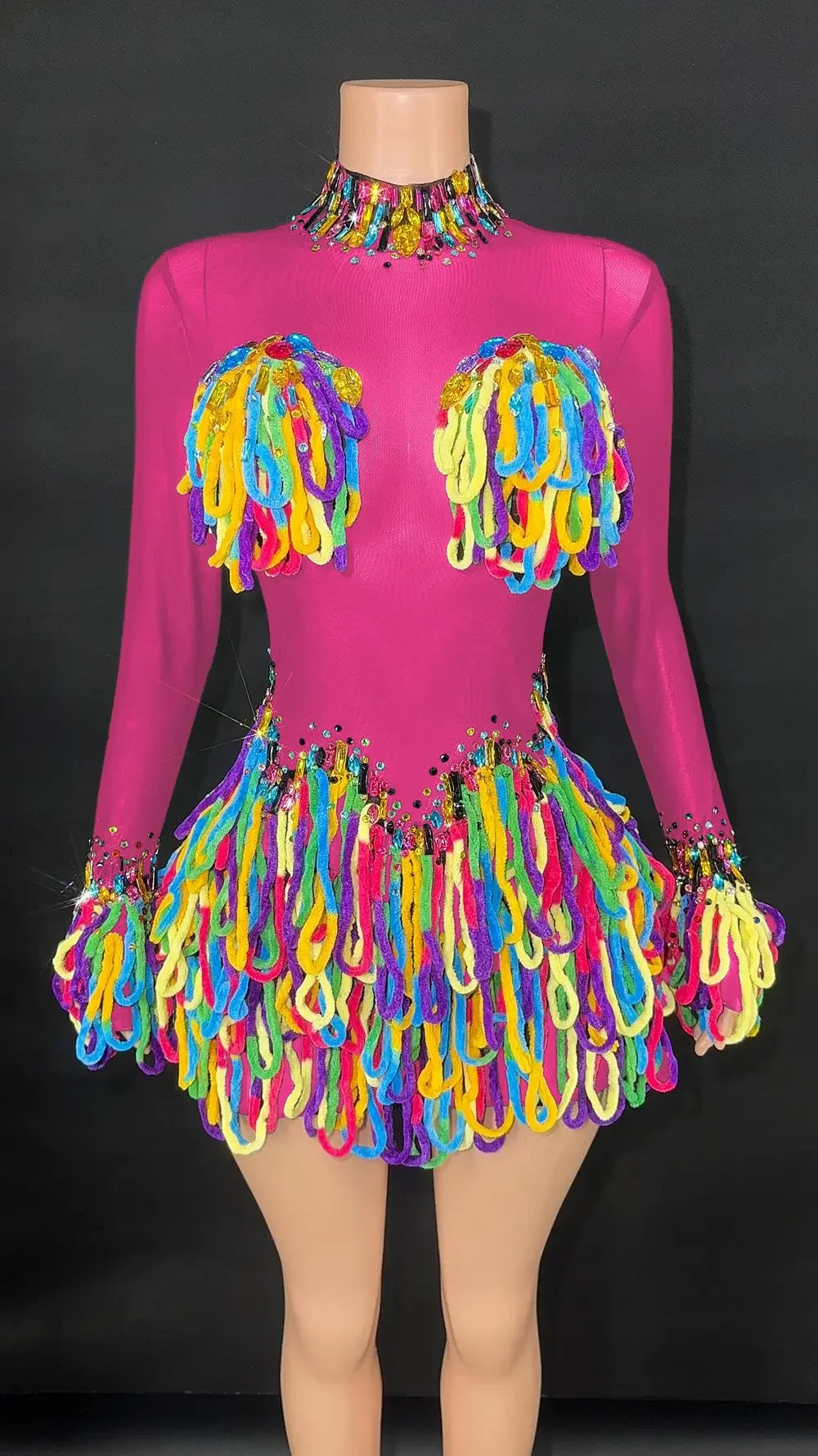 Rainbow Crystal Rhinestone Bodysuit Cascading Fringe Tassel Long-Sleeve Stage Costume