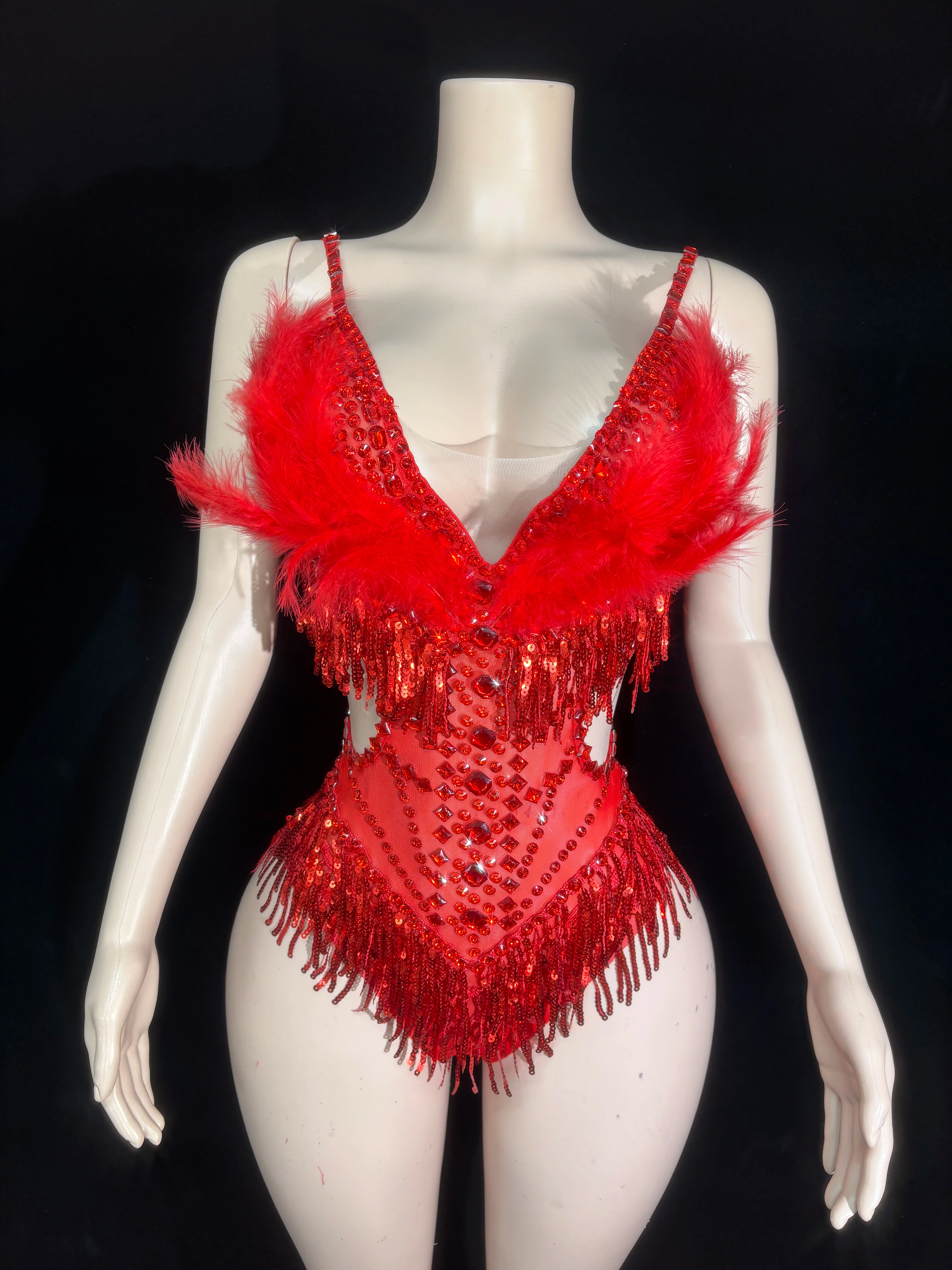 Sparkly Rhinestone Sequin Feather Bodysuit Showgirl Stage Performance Leotard
