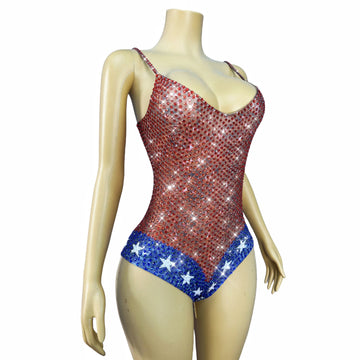Twinkling Rhinestone Stars High-Cut Stage Bodysuit Dance Performance Leotard