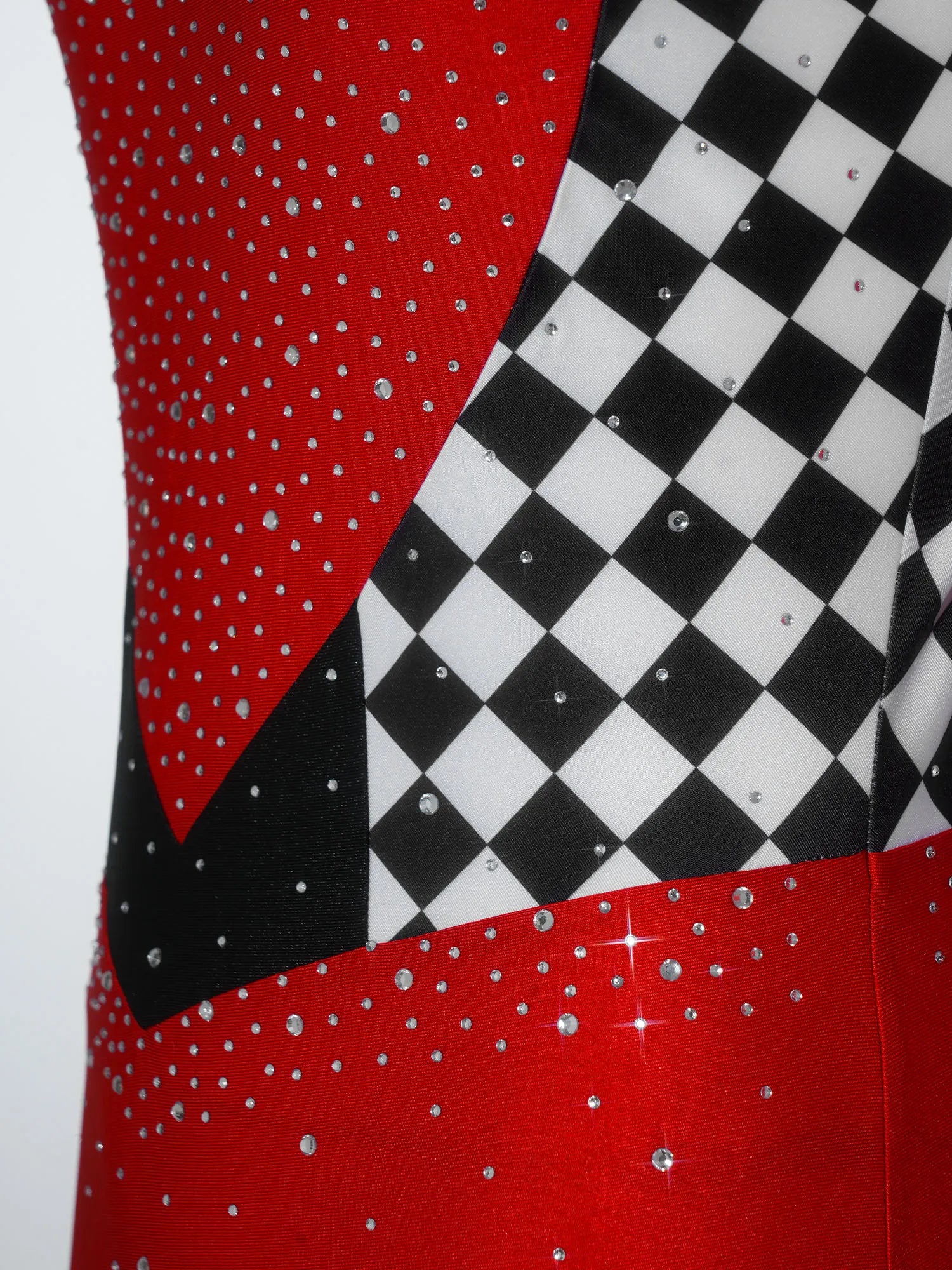 Queen of Hearts Rhinestone Halter Bodysuit & Sleeves Checkered Circus Stage Costume Set