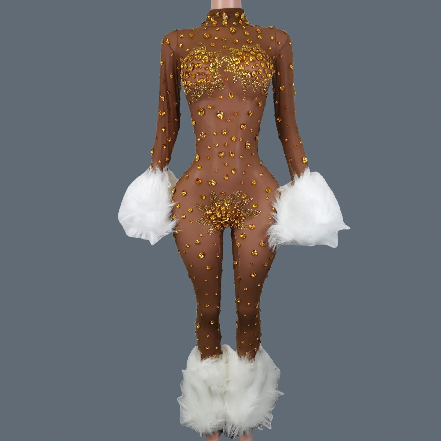 Sparkly Rhinestone & Feather Cuffed Jumpsuit Stage Performance Catsuit Costume