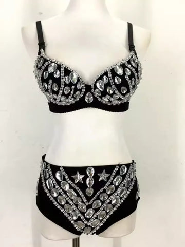 Rhinestone Bikini Bra & High-Waist Shorts 2-Piece Performance Costume Set