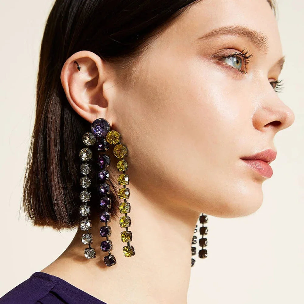 Colorful Crystal Rhinestone Long Tassel Statement Earrings Stage Performance Jewelry